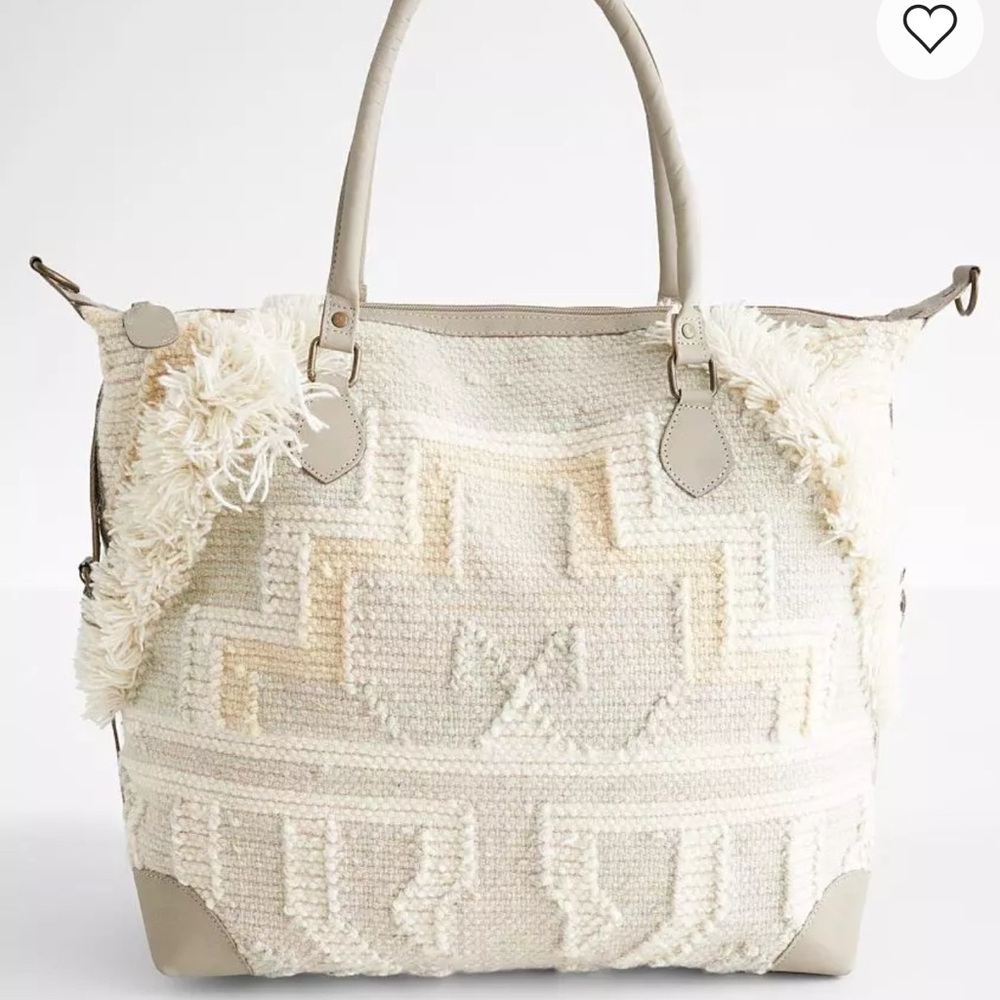 Free People Ivory Woven Fringe Tote